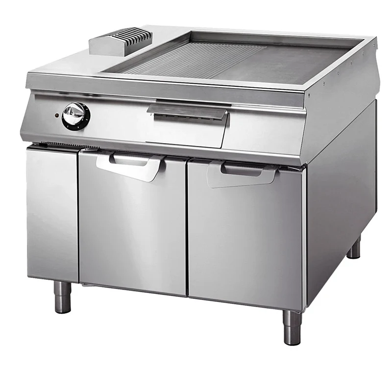 Virtus Elektro-Grillplatte verchromt ½ glatt ½ gerillt auf Unterbau mit Türen, Bedienung beidseitig