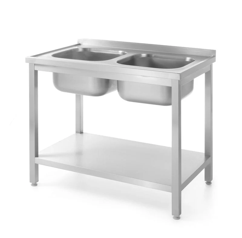 HENDI Tisch mit 2 Spülbecken und Ablage – verschraubt, Tiefe 600 mm
